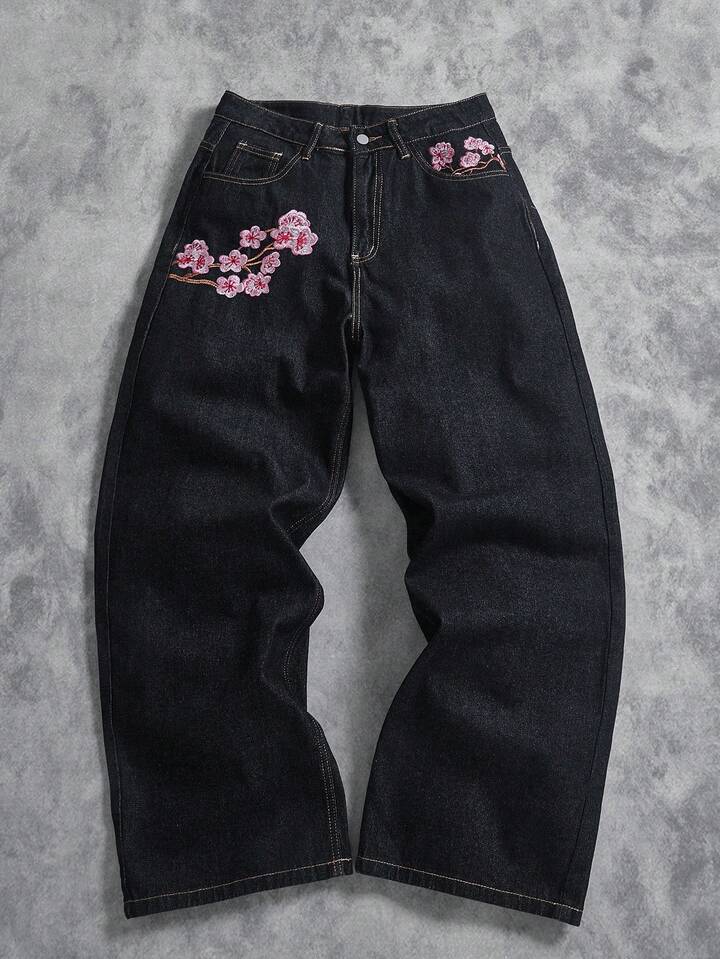 American Retro Cherry Blossom Embroidered Wide Leg Jeans for Men