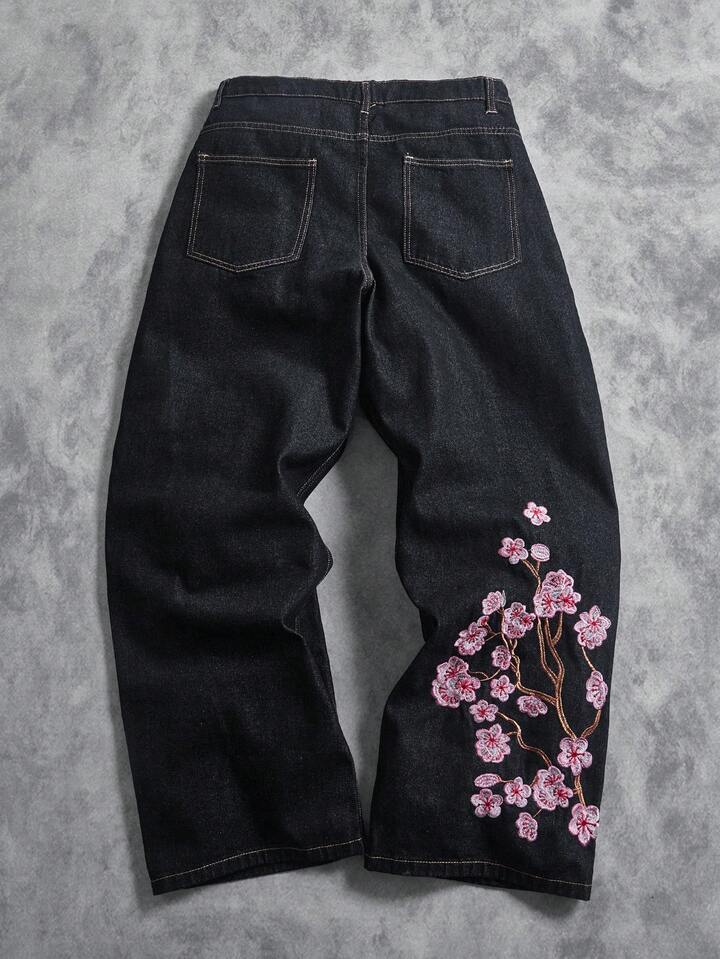 American Retro Cherry Blossom Embroidered Wide Leg Jeans for Men