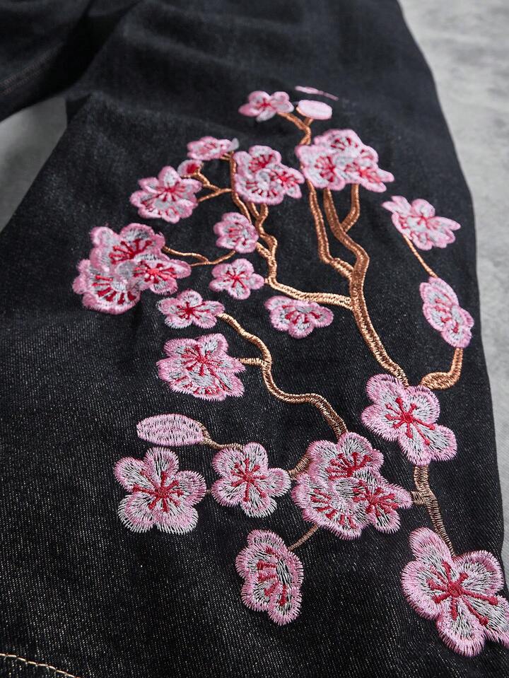 American Retro Cherry Blossom Embroidered Wide Leg Jeans for Men